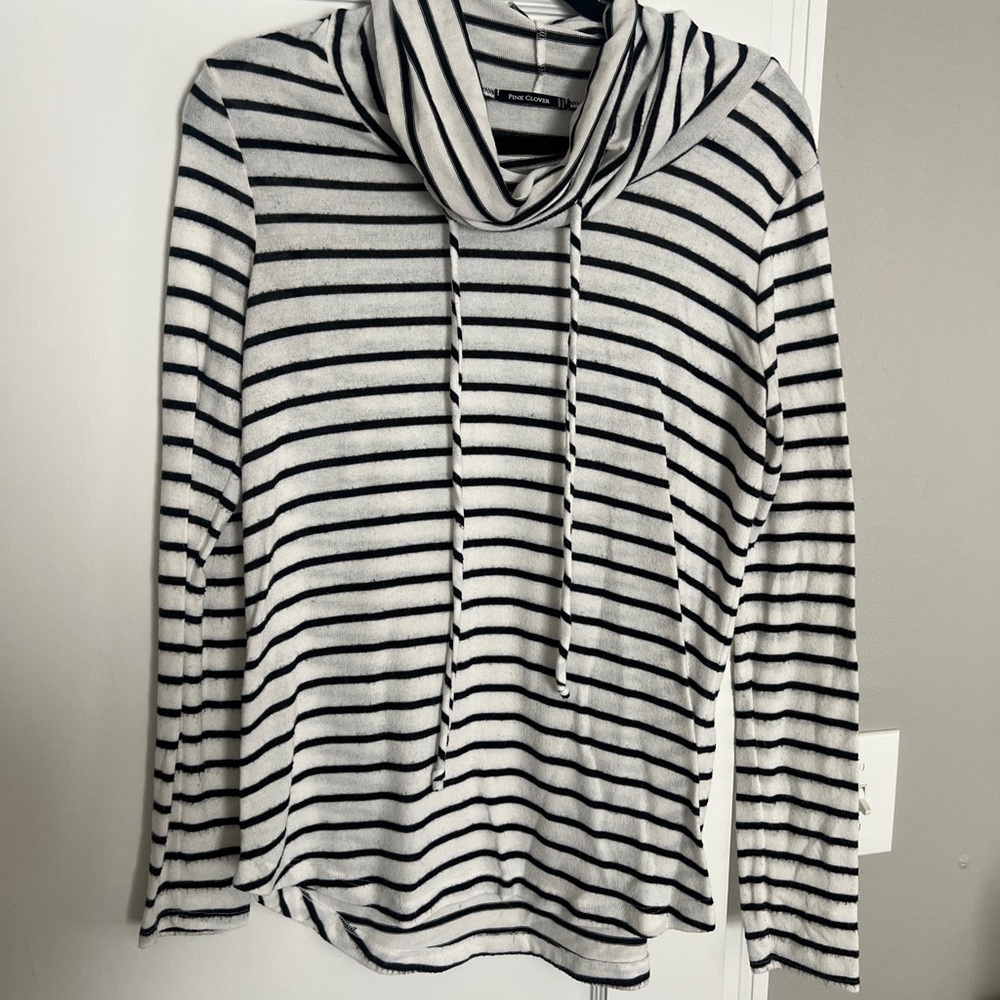 Pink Clover Black and White Striped Cowl Neck Sweater